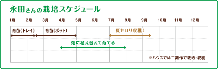 永田さんの栽培スケジュール　※ハウスでは二期作で栽培・収穫