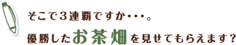 そこで3連覇ですか・・・。優勝したお茶畑を見せてもらえます？