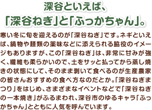 深谷といえば、「深谷ねぎ」と「ふっかちゃん」。 寒い冬に旬を迎えるのが「深谷ねぎ」です。ネギといえば、鍋物や麺類の薬味などに添えられる脇役のイメージもありますが、この「深谷ねぎ」は、非常に甘みが強く、繊維も柔らかいので、土をサッと払ってから蒸し焼きの状態にして、そのまま剥いて食べるのが生産農家の皆さんおすすめの食べ方なのだとか。「深谷ねぎまつり」をはじめ、さまざまなイベントなどで「深谷ねぎの一本焼き」がふるまわれ、深谷市のゆるキャラ「ふっかちゃん」とともに人気を呼んでいます。