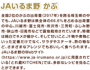 全国2位のかぶの出荷量（2017年）を誇る埼玉県の中でも、JAいるま野は県全体の66.6%を占める出荷量の中心。川越市・富士見市・所沢市・三芳町・ふじみ野市・狭山市・日高市などで露地栽培されています。特徴は純白でキメが細かく、そして甘いこと。汁物や煮物といった定番だけでなく、サラダやステーキ、酢の物など、さまざまなアレンジでもおいしく食べられます。JAいるま野のWebサイト（https://www.ja-irumano.or.jp）に用意されている「とれ蔵KITCHEN」では、多彩なレシピを見ることができます。