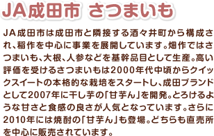 JA成田市は成田市と隣接する酒々井町から構成され、稲作を中心に事業を展開しています。畑作ではさつまいも、大根、人参などを基幹品目として生産。高い評価を受けるさつまいもは2000年代中頃からクイックスイートの本格的な栽培をスタートし、成田ブランドとして2007年に干し芋の「甘芋ん」を開発。とろけるような甘さと食感の良さが人気となっています。さらに2010年には焼酎の「甘芋ん」も登場。どちらも直売所を中心に販売されています。