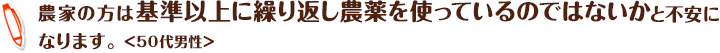 農家の方は基準以上に繰り返し農薬を使っているのではないかと不安になります。＜50代男性＞